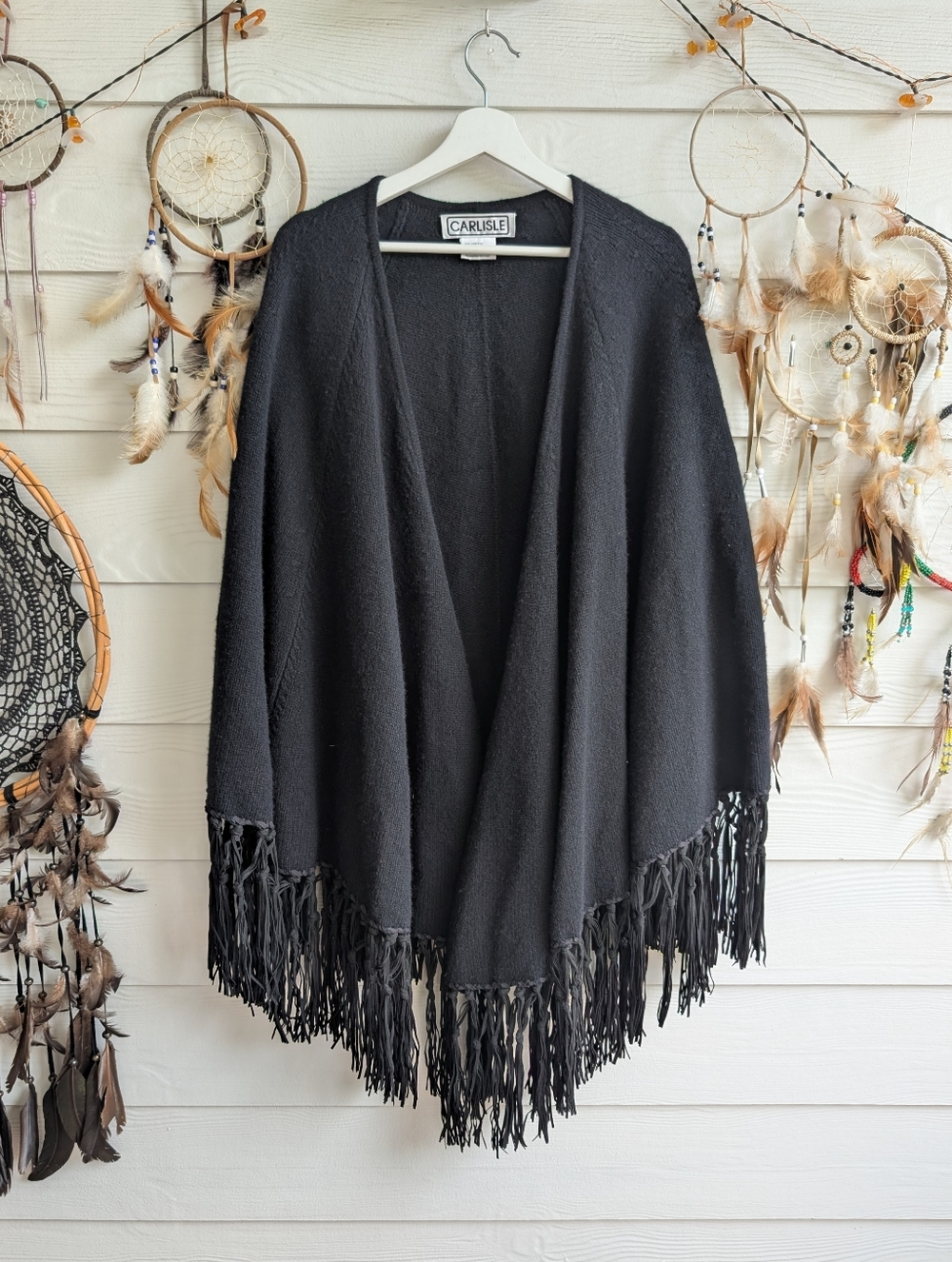 Carlisle Vintage LambsWool Cashmere Leather Fringe Trim Open Front Poncho Cape